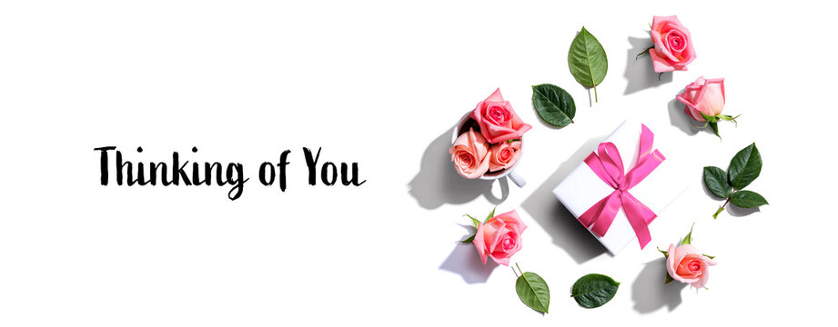 Thinking Of You Message With A Gift Box And Roses - Flat Lay