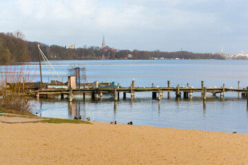 Landscape of th beach at Rostock with waterfowls