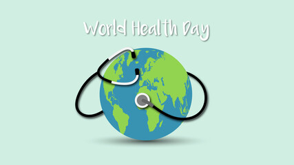 World health day banner concept text design with doctor stethoscope and world globe vector illustration.
