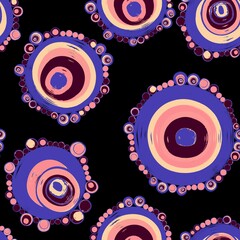Geometric seamless pattern,texture with perfectly contacting nested circles with different size colors.Repeating pattern with circles filled with dots.For textile,wrapping paper,banner.Lilac on black