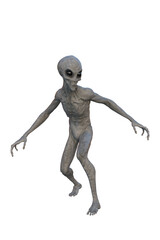 Grey Alien walking. 3D render isolated on white.