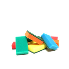 Heap multicolored lgbt sponges for washing dishes isolated on white background