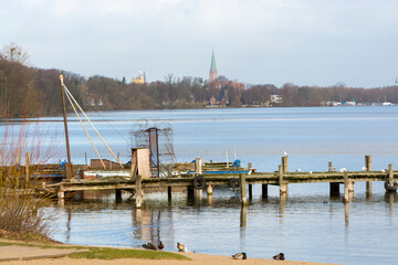 Landscape of th beach at Rostock with waterfowls
