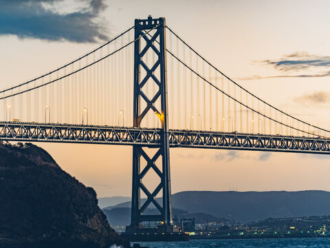 twilight view of Bay bridge and san francsico city skyline from Yerba Buena Island,California,USA