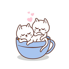 cute couple white cat inside coffee cup