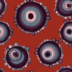 Geometric seamless pattern,texture with perfectly contacting nested circles with different size colors.Repeating pattern with circles filled dots.For textile,wrapping paper,banner.Purpule terracotta