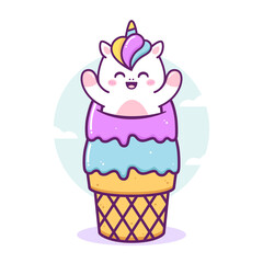 cute happy unicorn playing in the ice cream