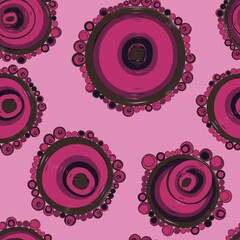 Geometric seamless pattern,texture with perfectly contacting nested circles with different size colors.Repeating pattern with circles filled with dots.For textile,wrapping paper,banner.Gray on pink