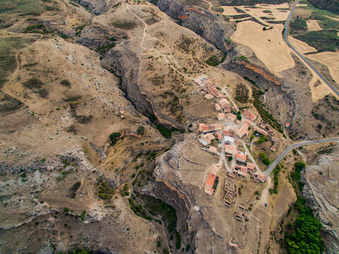 Aerial shoot of Caracena town, Soria, Spain.