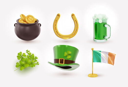 Irish Holiday St Patrick Day, Gold Coins In Pot. Set Of Irish St Patrick's Day Consisting Of Pot Of Gold Coins, Green Hat, Flag, Horseshoe. Realistic Design Elements. Vector Illustration.