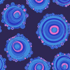 Geometric seamless pattern,texture with perfectly contacting nested circles with different size colors.Repeating pattern with circles filled with dots.For textile,wrapping paper,banner.Azure on lilac