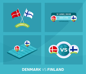 Denmark vs Finland match set. Football 2020 championship match versus teams intro sport background, championship competition final poster, flat style vector illustration.
