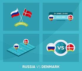 Russia vs Denmark match set. Football 2020 championship match versus teams intro sport background, championship competition final poster, flat style vector illustration.