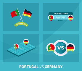 Portugal vs Germany match set. Football 2020 championship match versus teams intro sport background, championship competition final poster, flat style vector illustration.