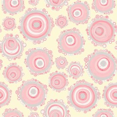 Geometric seamless pattern,texture with perfectly contacting nested circles with different size colors.Repeating pattern with circles filled with dots.For textile,wrapping paper,banner.Pastel shades