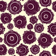 Geometric seamless pattern,texture with perfectly contacting nested circles with different size colors.Repeating pattern with circles filled with dots.For textile,wrapping paper,banner.Burgundy white