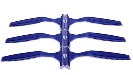 Set of blue disposable razor blade isolated on white background