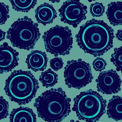 Geometric seamless pattern,texture with perfectly contacting nested circles with different size colors.Repeating pattern with circles filled with dots.For textile,wrapping paper,banner.Blue on azure
