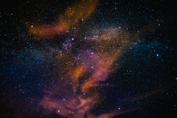 Photograph of the Milky Way in summer, with a sky full of stars and curious details