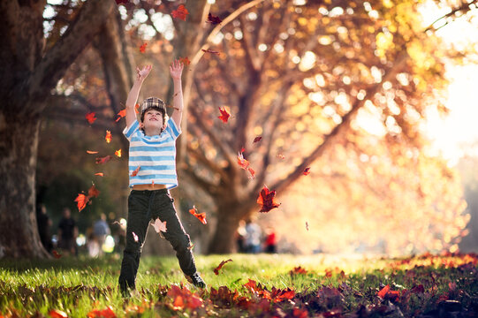 Boy throwing fallen leaves in a park in autumn