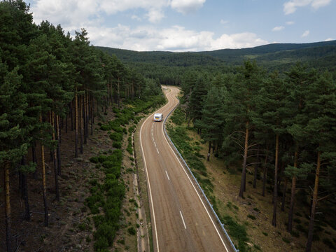 Camper van on a mountain road, Soria, Spain