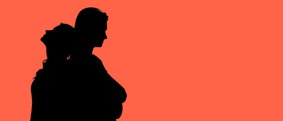 The silhouette of a young woman who loves each other on an isolated orange background with a copy of the text space. Horizontal banner for the design