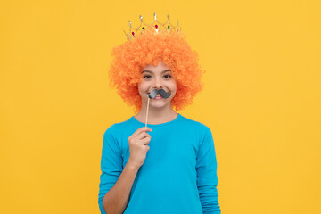happy teen girl in fancy clown wig wear queen crown and funny party moustache, 1 april
