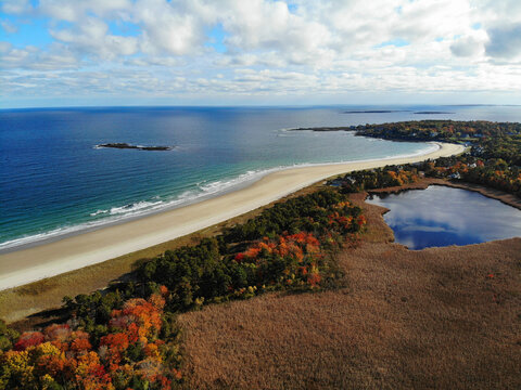 Aerial View Of Colorful Autumn Foliage Over The Scarborough Beach State Park Near Portland, Maine, United States