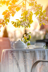 Elegant tea set on a lace tablecloth in sunlight. Outdoor brunch spring mood.