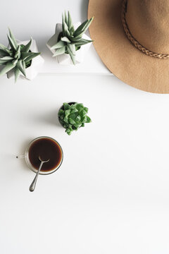 Coffee and succulents on a white table.