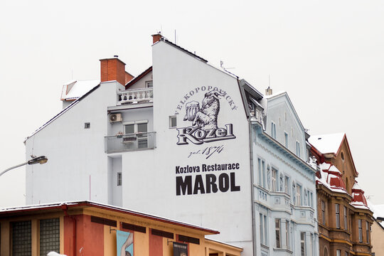 Velkopopovický Kozel, advertisement for Kozel beer painted on the facade of an apartment building in Prague Smichov on February 10, 2021 in Prague, Czech Republic.