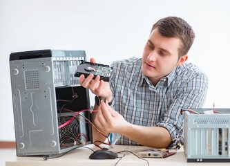 Young technician repairing computer in workshop