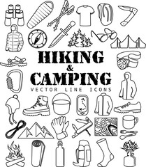 Vector set of Thin line Icons - Hiking camping travel objects