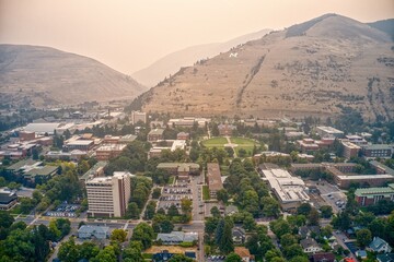 Aerial View of The University of Montana in Missoula on a Hazy Morning