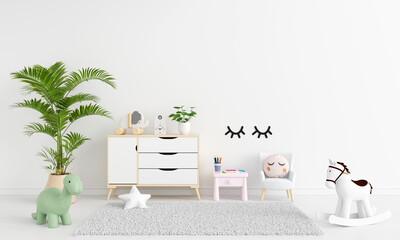 Table and armchair in white child room with free space for mockup, 3D rendering