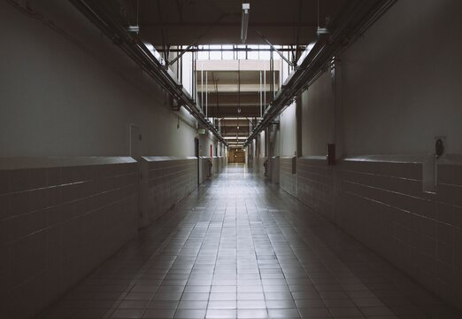 A really long hallway in a commercial space.