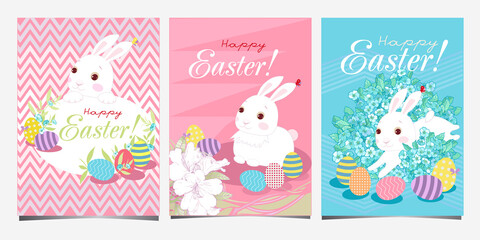 Happy easter postcard with white funny bunny and eggs