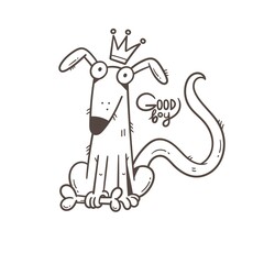 Card with cute cartoon dog. Funny puppy and bone. Good boy. Vector print with joyful animal.