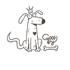 Card with cute cartoon dog. Funny puppy and bone. Good boy. Vector print with joyful animal.