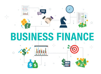 Business finance concept with icon design in vector on white background. Vector icons of handshake, calculator, report, target,  currency and money.