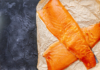 Salmon fillets, Slices of red fresh fish on black board