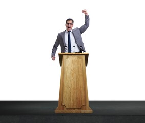 Man businessman making speech at rostrum in business concept