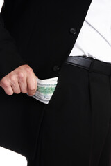 Business man holding money on white background