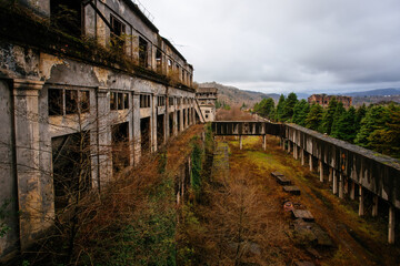 Fototapeta na wymiar Overgrown ruins of industrial building. Abandoned, destroyed by war power plant in Tkvarcheli Tquarhcal, Abkhazia, Georgia