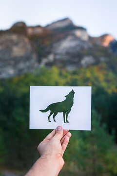 Wolf silhouette on mountain background