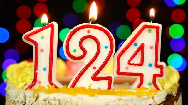 Number 124 Happy Birthday Cake With Burning Candles Topper.