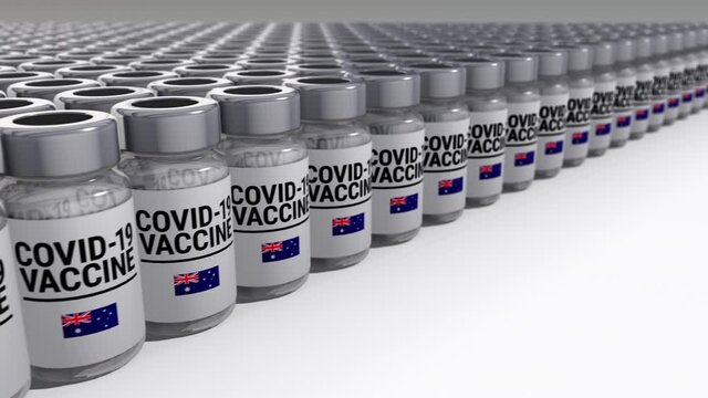Seamless looping 3D animated bottles with covid-19 vaccine and the flag of Australia in 4K resolution 