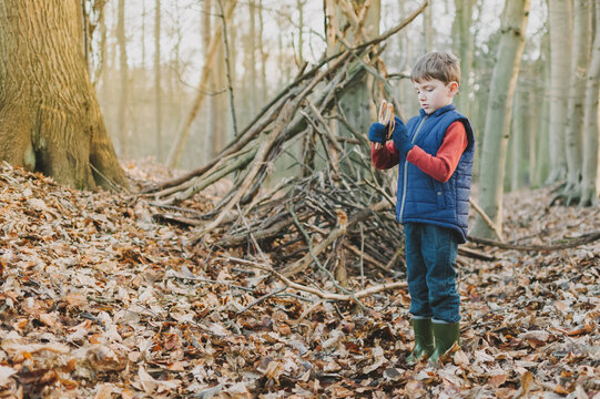 Boy playing in the woods