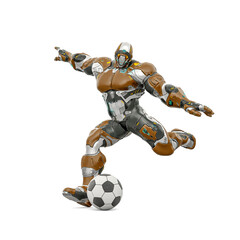 futuristic astronaut is kicking the football ball