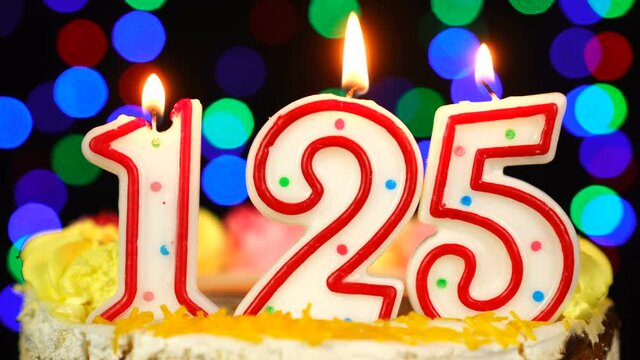 Number 125 Happy Birthday Cake With Burning Candles Topper.